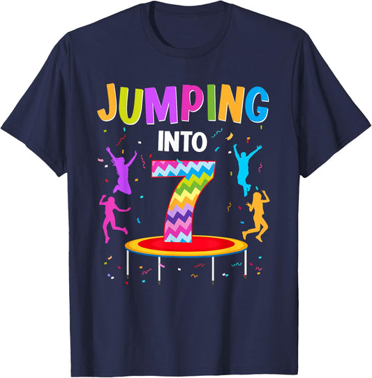 Jumping Into 7th Birthday Trampoline 7 Year Old Jumper T-Shirt - T-Shirt | Navy