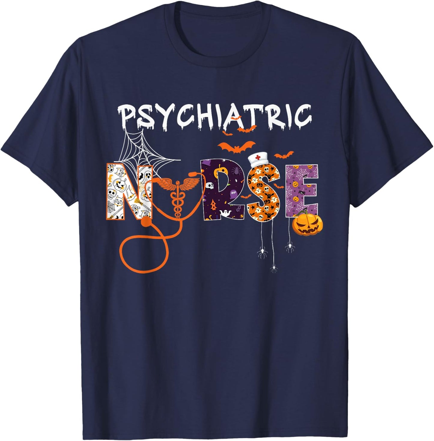 Psych Nurse Psychiatric Nursing Halloween Spooky Stethoscope T-Shirt - T-Shirt | Navy