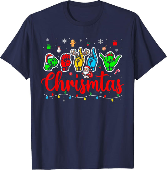 Merry Christmas ASL Hand Sign Language Colorful Santa Lover T-Shirt - T-Shirt | Navy