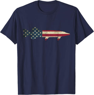 Pike Musky Fishing American Flag Vintage Patriotic Fisherman T-Shirt - T-Shirt | Navy