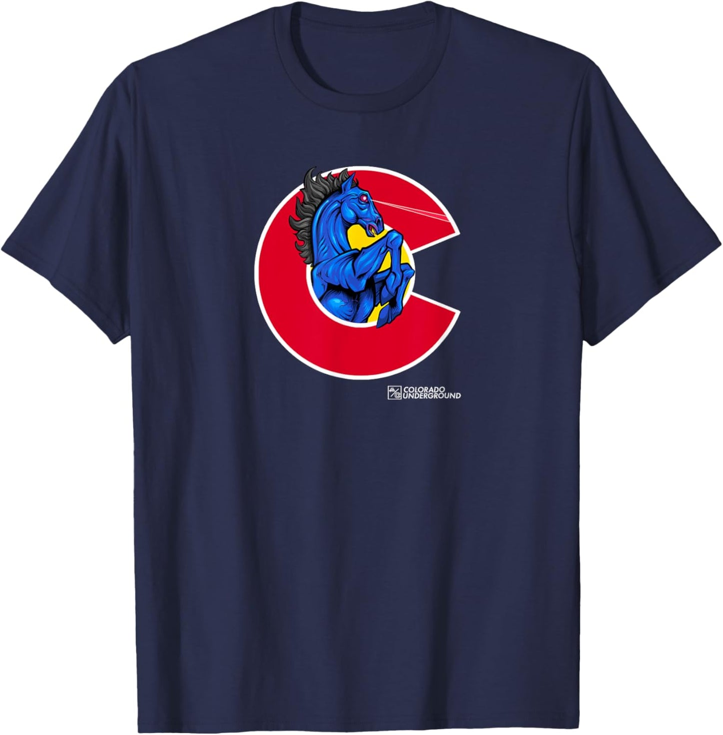 Blucifer: Laser-Eyed Demon Horse at DIA Colorado Underground T-Shirt - T-Shirt | Navy