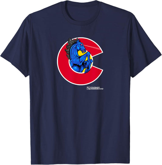 Blucifer: Laser-Eyed Demon Horse at DIA Colorado Underground T-Shirt - T-Shirt | Navy