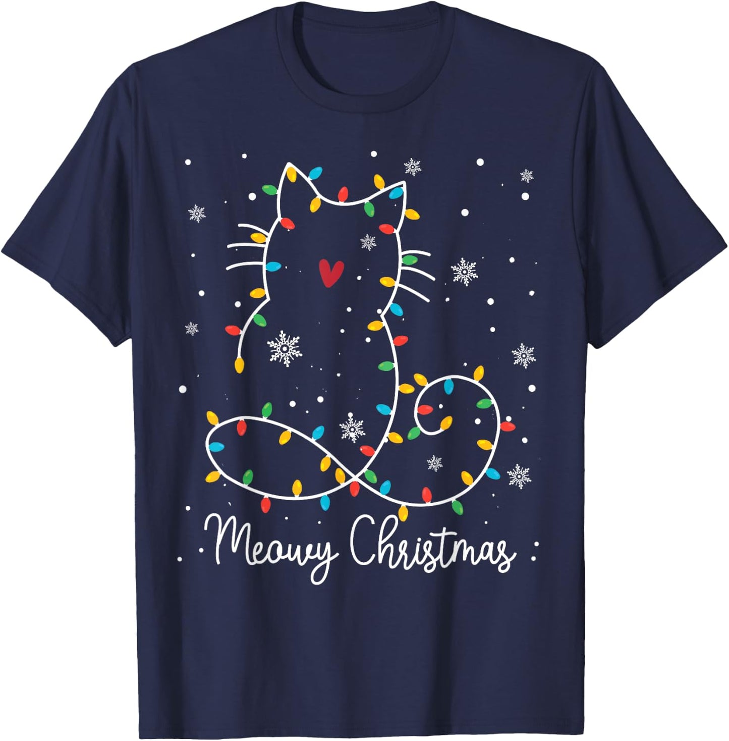 Cute Cat Meowy Christmas Light Cat Lover Mom Dad Merry Xmas Men Women Kids T-Shirt - T-Shirt | Navy