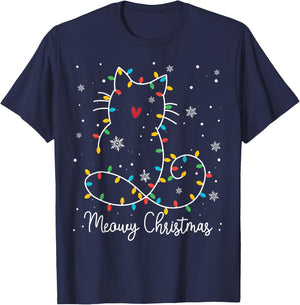 Cute Cat Meowy Christmas Light Cat Lover Mom Dad Merry Xmas Men Women Kids T-Shirt - T-Shirt | Navy
