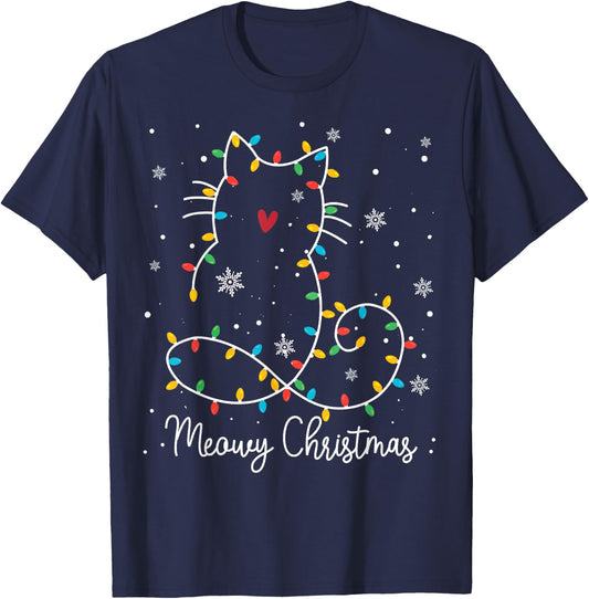 Cute Cat Meowy Christmas Light Cat Lover Mom Dad Merry Xmas Men Women Kids T-Shirt - T-Shirt | Navy