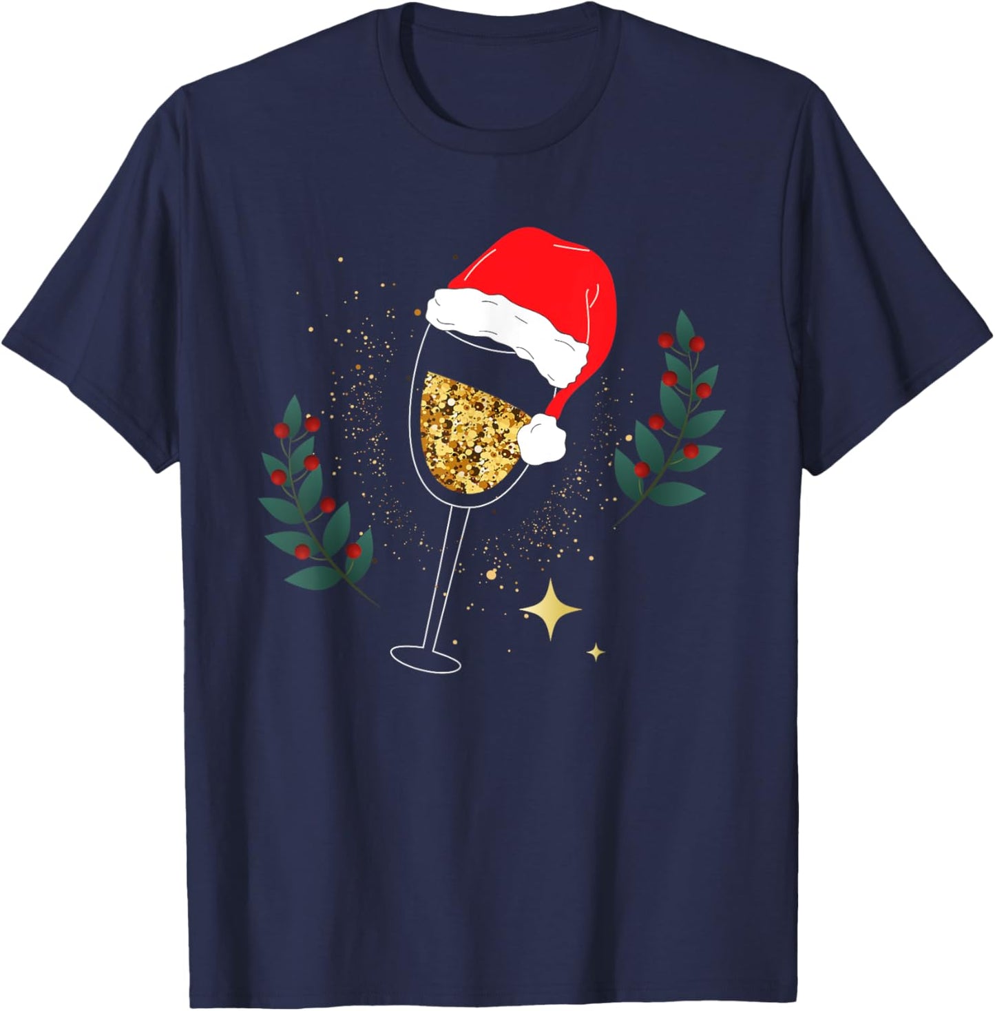 Christmas Champagne Santa Hat Glass Drink T-Shirt - T-Shirt | Navy
