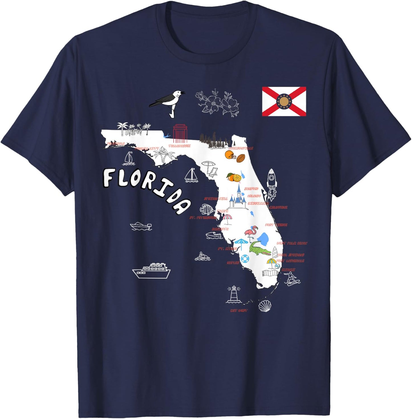 Florida State Map tourist attractions cities flag T-Shirt - T-Shirt | Navy
