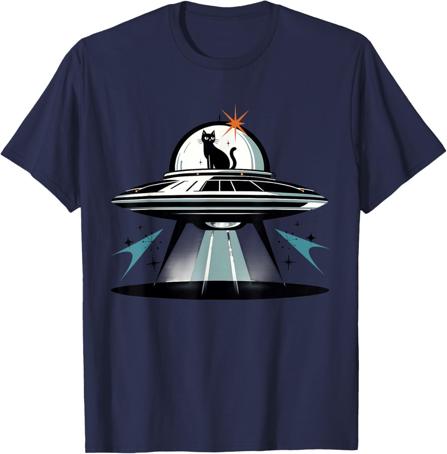 Midcentury Mid Century Cat Retro Atomic Age Space Capsule T-Shirt - T-Shirt | Navy