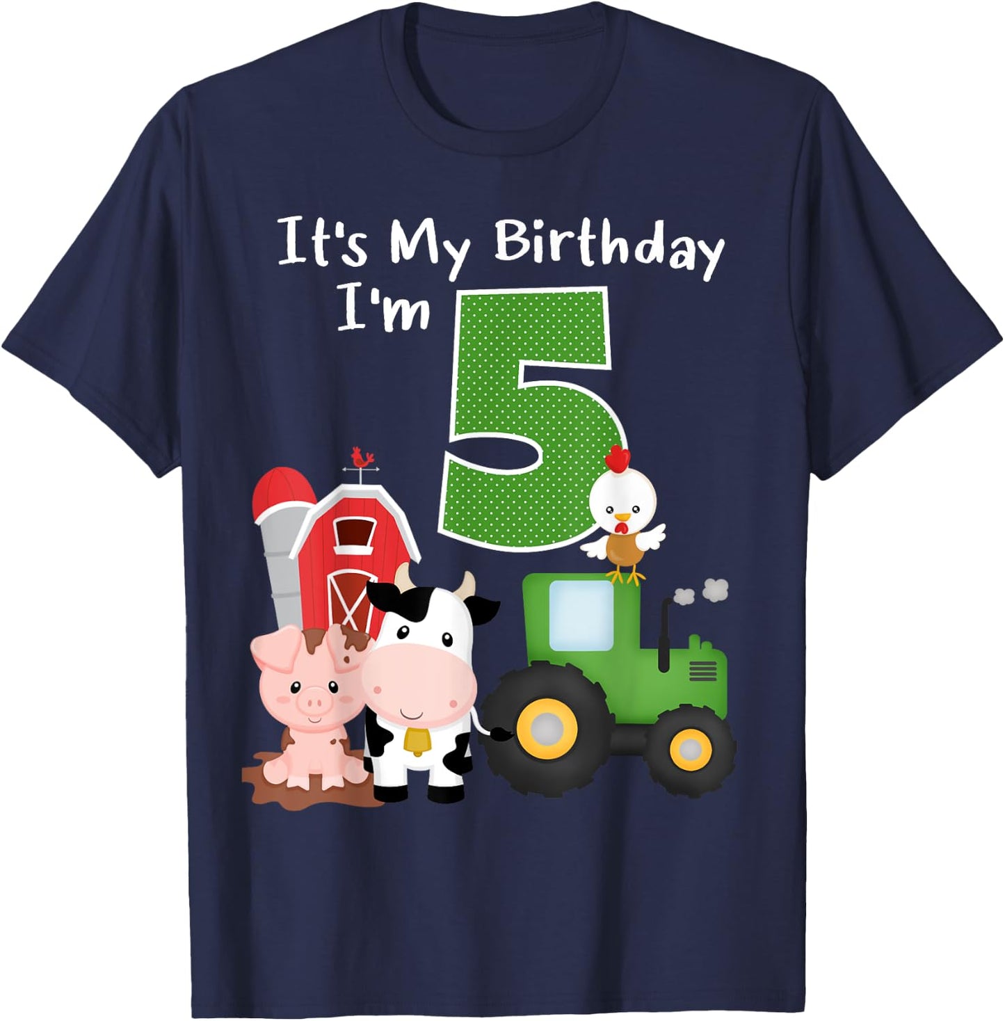 Farm Barnyard Animals Tractor 5th Birthday 5 Year Old Bday T-Shirt - T-Shirt | Navy