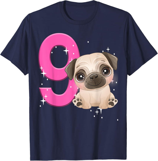 9th Birthday Girl Pug Dog Birthday Shirt Party Pug Kids Nine T-Shirt - T-Shirt | Navy