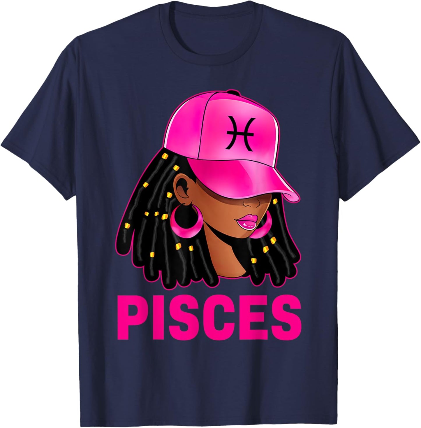 Pisces Queen Loc'd Hair Black Woman Cap Zodiac Sign T-Shirt - T-Shirt | Navy
