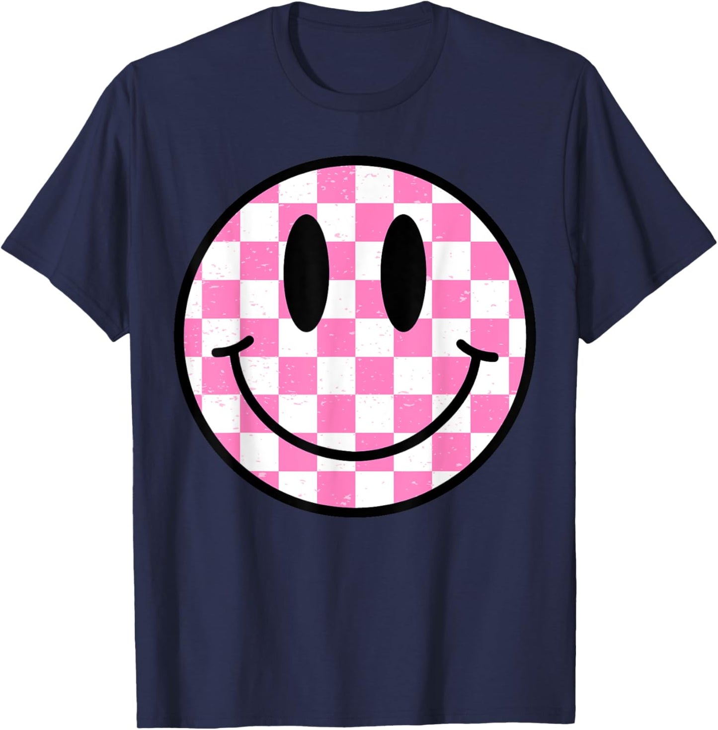 Pink Happy Face Checkered Pattern Smile Face Trendy Smiling T-Shirt - T-Shirt | Navy