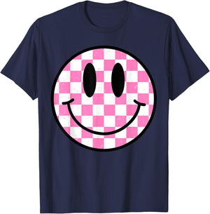 Pink Happy Face Checkered Pattern Smile Face Trendy Smiling T-Shirt - T-Shirt | Navy