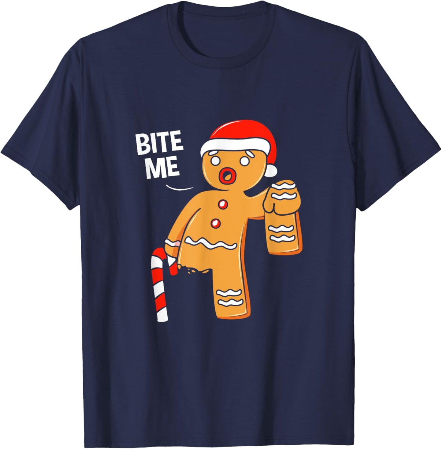 Funny Gingerbread Cookie Bite Me Christmas Candy Cane T-Shirt - T-Shirt | Navy