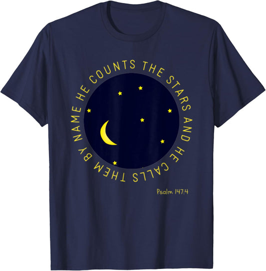 Psalm 147:4 He Counts The Stars Christian Bible Verse T-Shirt - T-Shirt | Navy