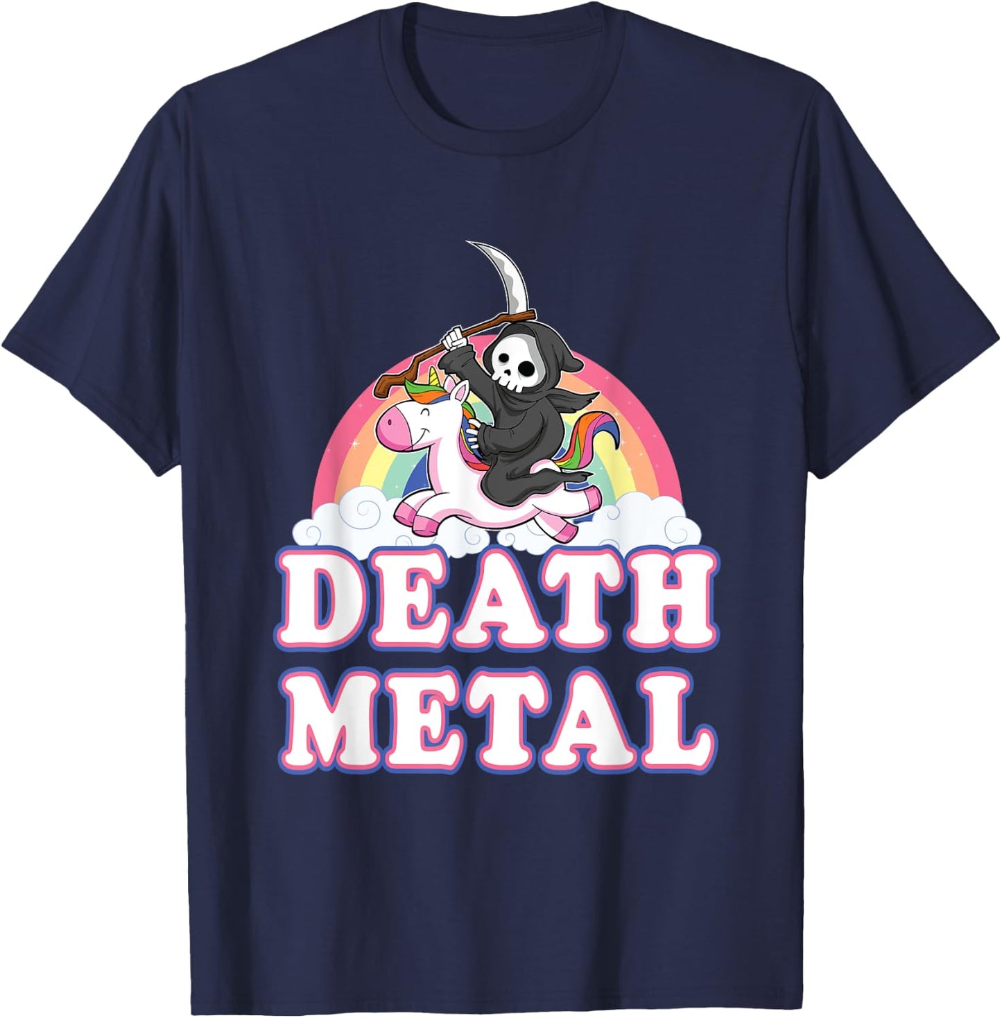 Death Metal Rock Music Rainbow Grim Reaper Riding Unicorn T-Shirt - T-Shirt | Navy