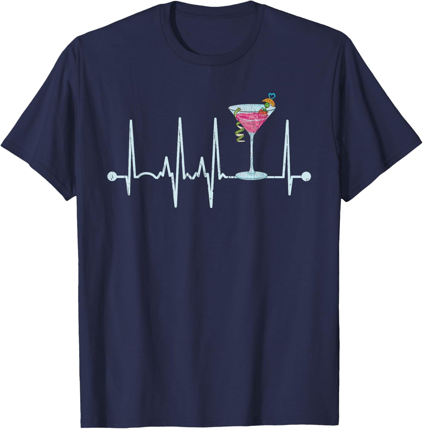 Funny Cocktail Glass Heartbeat - Cocktail Glass Happy Hour T-Shirt - T-Shirt | Navy
