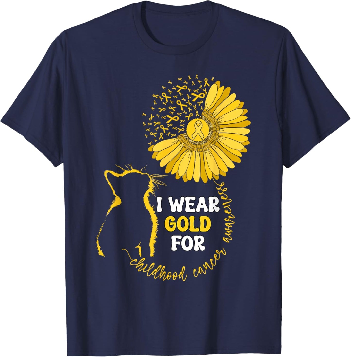 I Wear Gold For Childhood Cancer Awareness Month Cat Ribbon T-Shirt - T-Shirt | Navy