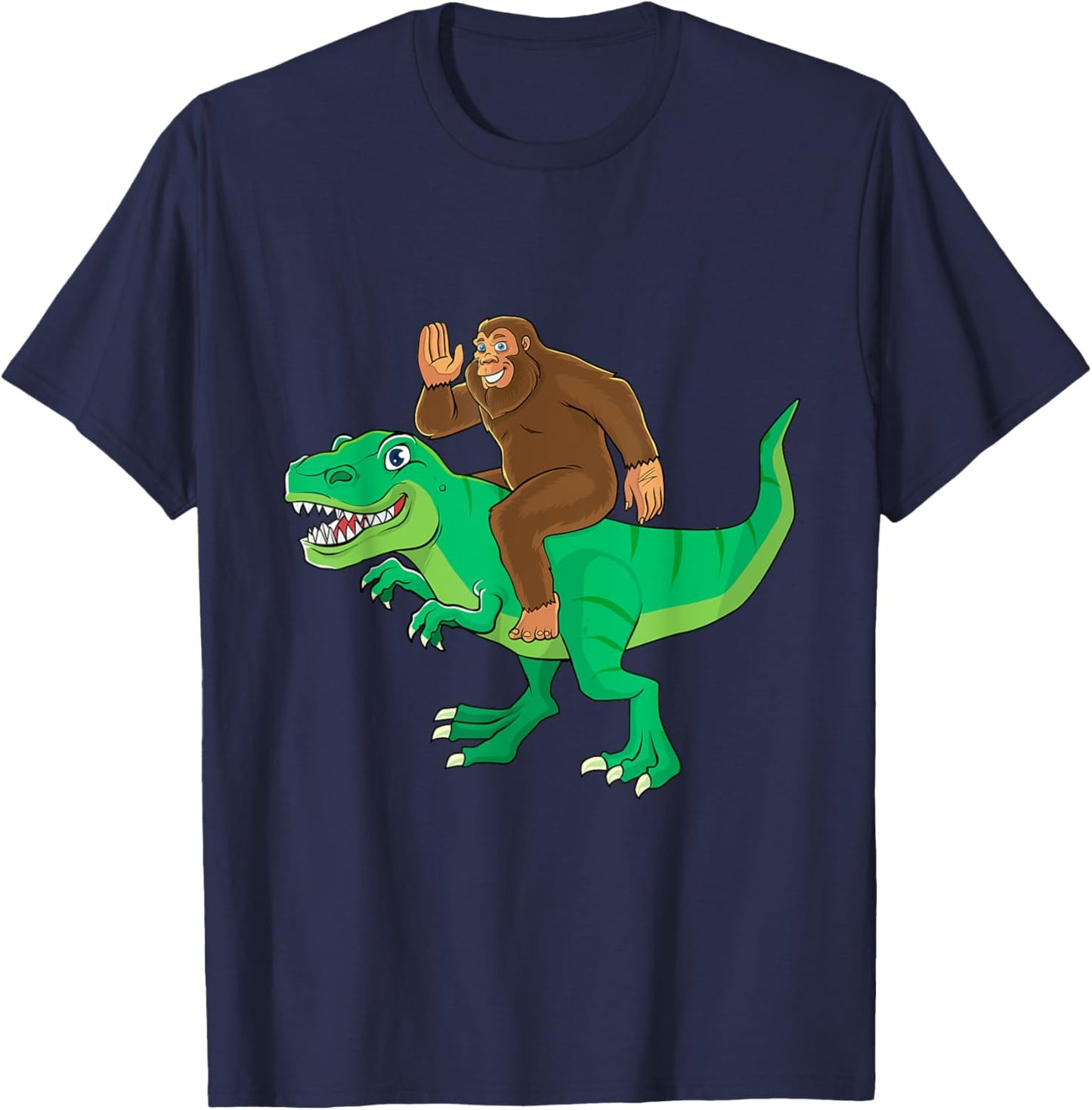 Bigfoot Riding Dinosaur T Rex Funny Men Boys Sasquatch Lover T-Shirt - T-Shirt | Navy