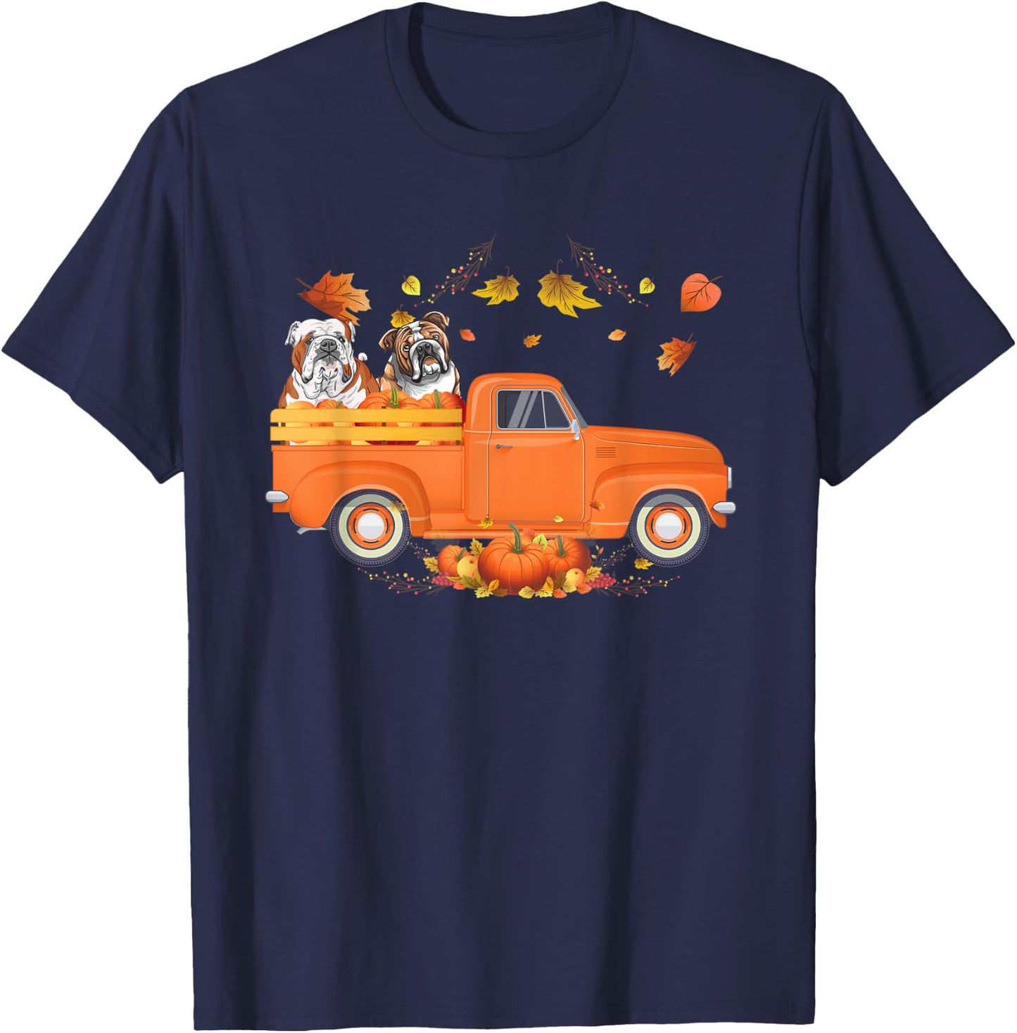 Bulldog Pumpkin Truck Fall Leaf Thanksgiving Halloween Men Women Kids T-Shirt - T-Shirt | Navy