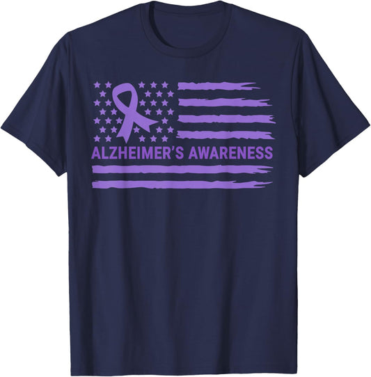 Alzheimer's Awareness Purple Ribbon American Flag Dementia T-Shirt - T-Shirt | Navy