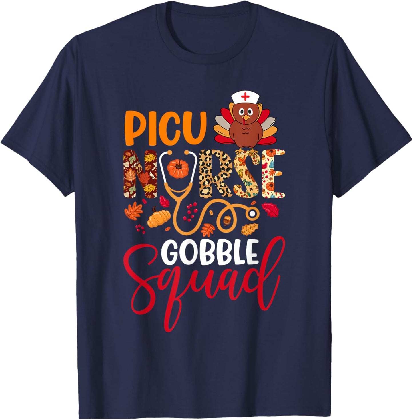 PICU Nurse Gobble Squad Thanksgiving Leopard Matching Family T-Shirt - T-Shirt | Navy