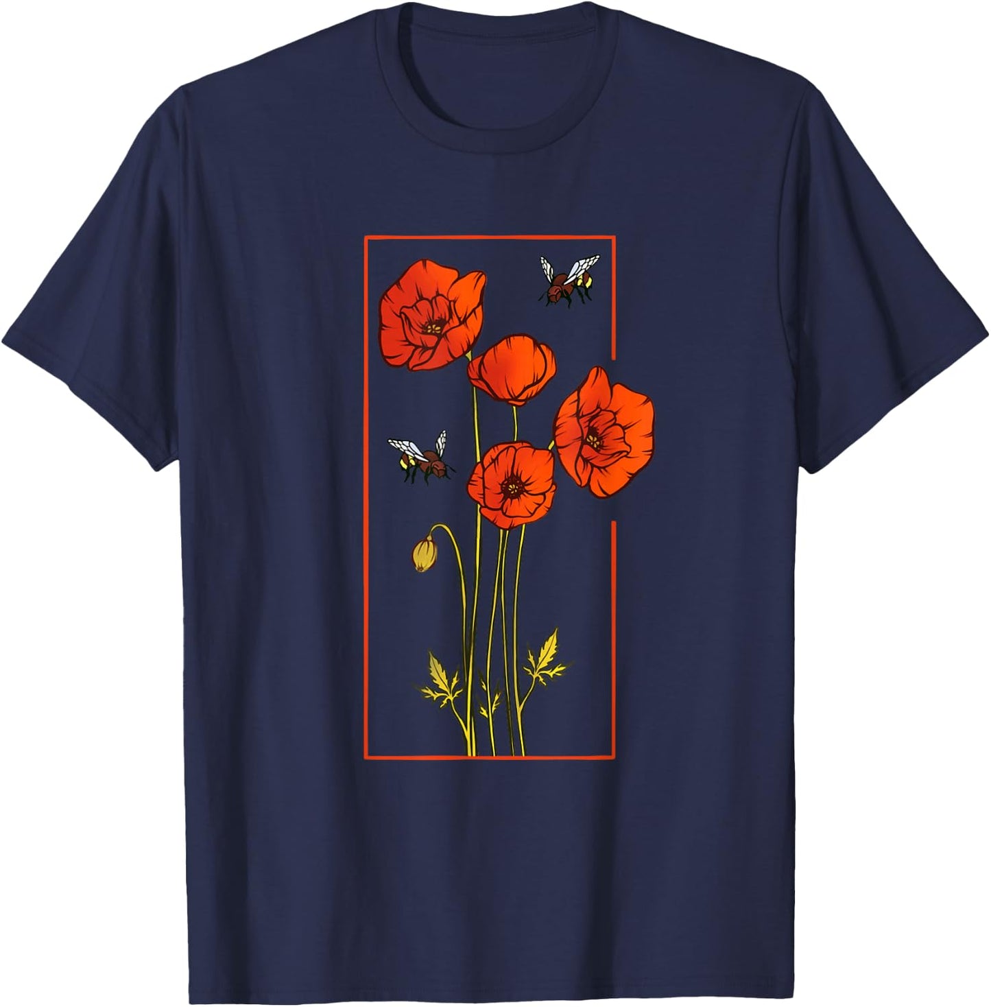 Floral Poppy Poppies Flower with Bees Wildflower T-Shirt - T-Shirt | Navy