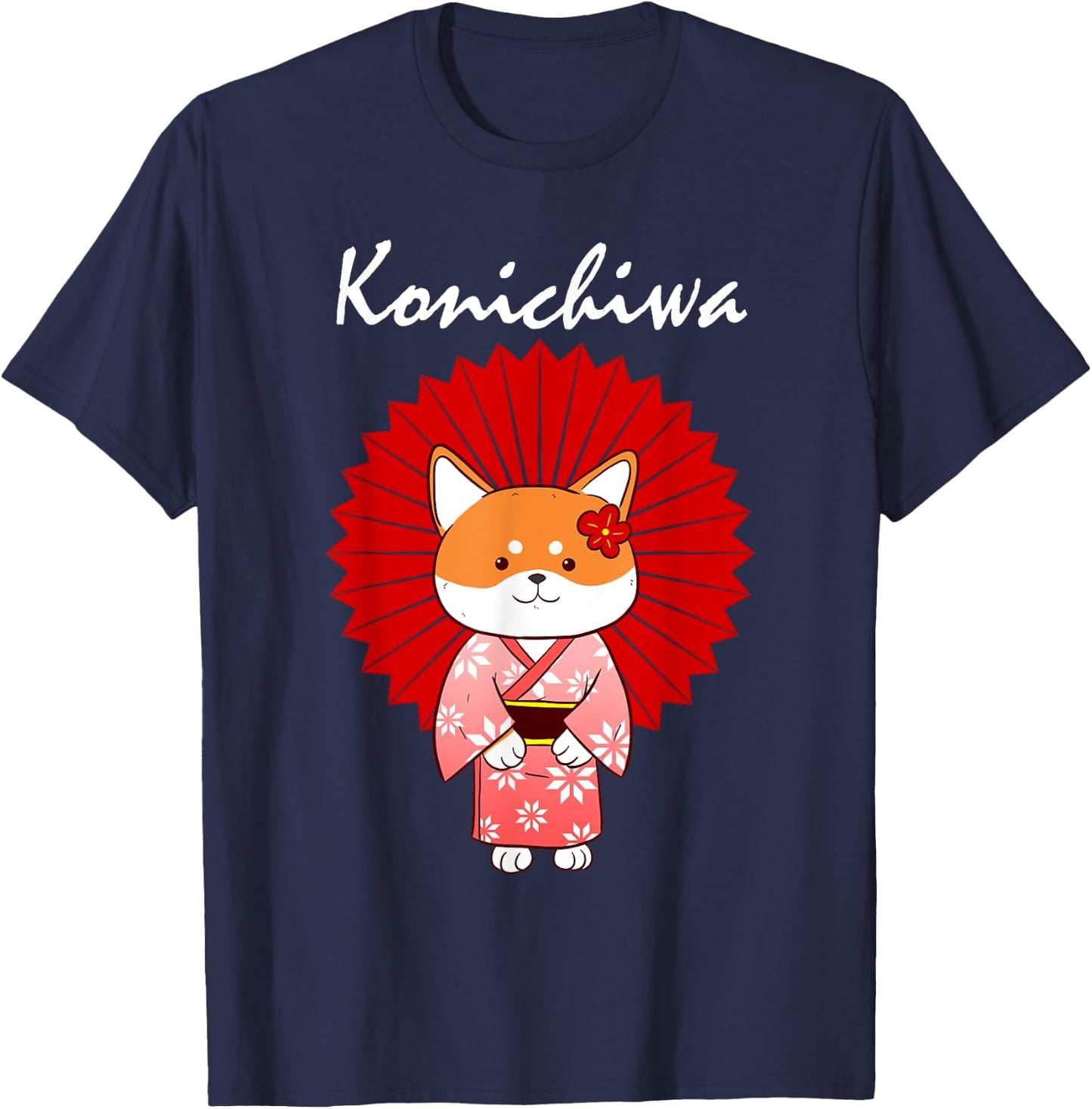 Funny Shiba Inu Uni Dog Konichiwa Kimono Flower Dress Women Girls Kids T-Shirt - T-Shirt | Navy