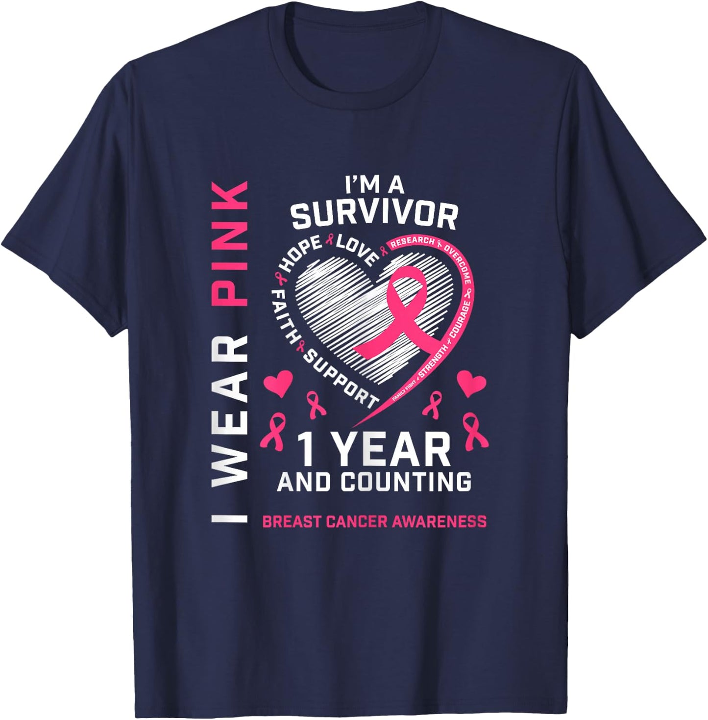 1 Year Cancer Free Mom Pink Awareness Breast Cancer Survivor T-Shirt - T-Shirt | Navy
