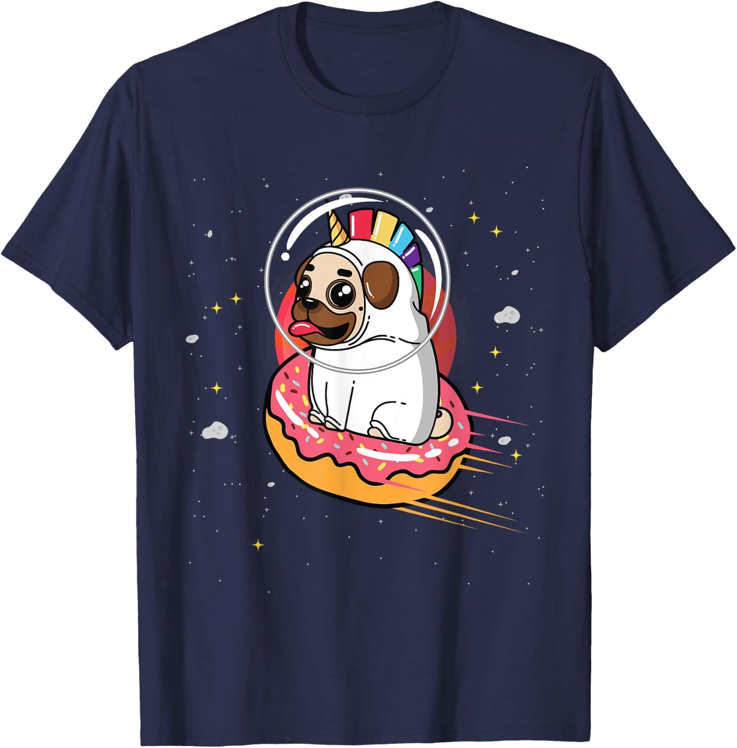Pug in Rainbow Unicorn Costume riding Donut in Space T-Shirt - T-Shirt | Navy