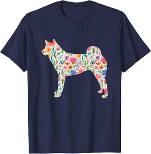 Akita watercolor flowers design T-Shirt - T-Shirt | Navy