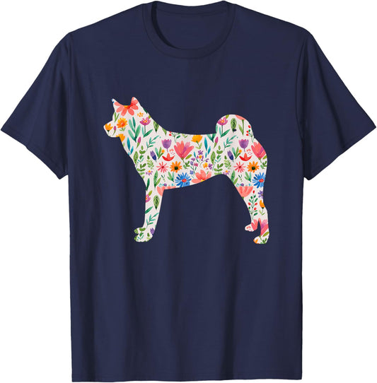 Akita watercolor flowers design T-Shirt - T-Shirt | Navy