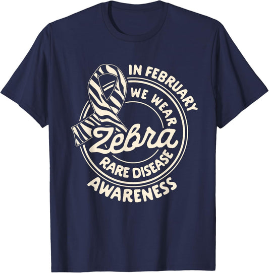 Rare Disease Awareness In February We Wear Zebra Ribbon T-Shirt - T-Shirt | Navy