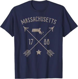 Vintage Massachusetts Distressed Home State Map Boho Arrows T-Shirt - T-Shirt | Navy