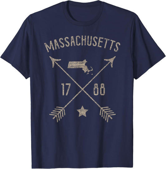 Vintage Massachusetts Distressed Home State Map Boho Arrows T-Shirt - T-Shirt | Navy