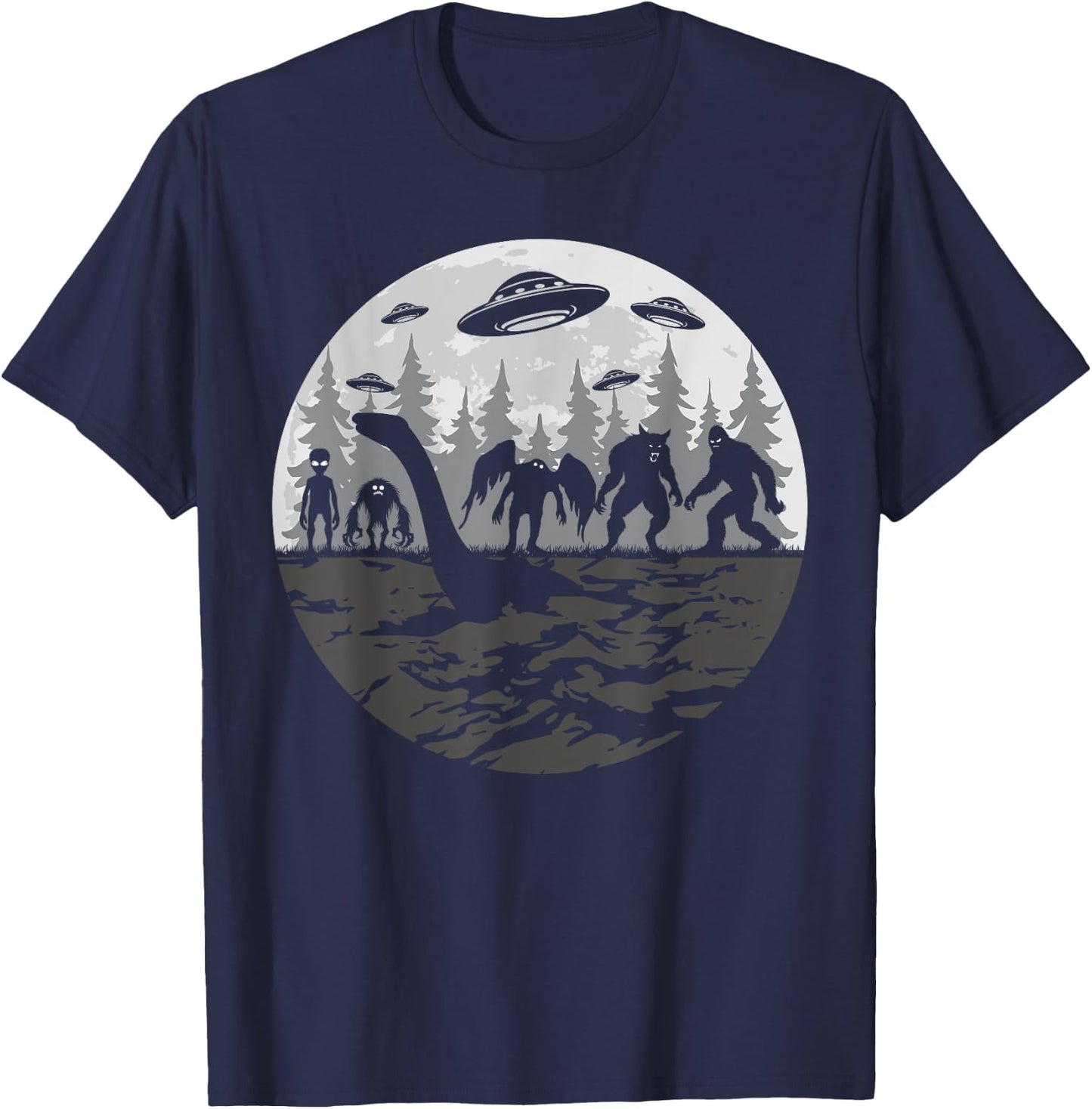 Bigfoot Loch Ness Monster With Mothman Aliens! Funny Cryptid T-Shirt - T-Shirt | Navy