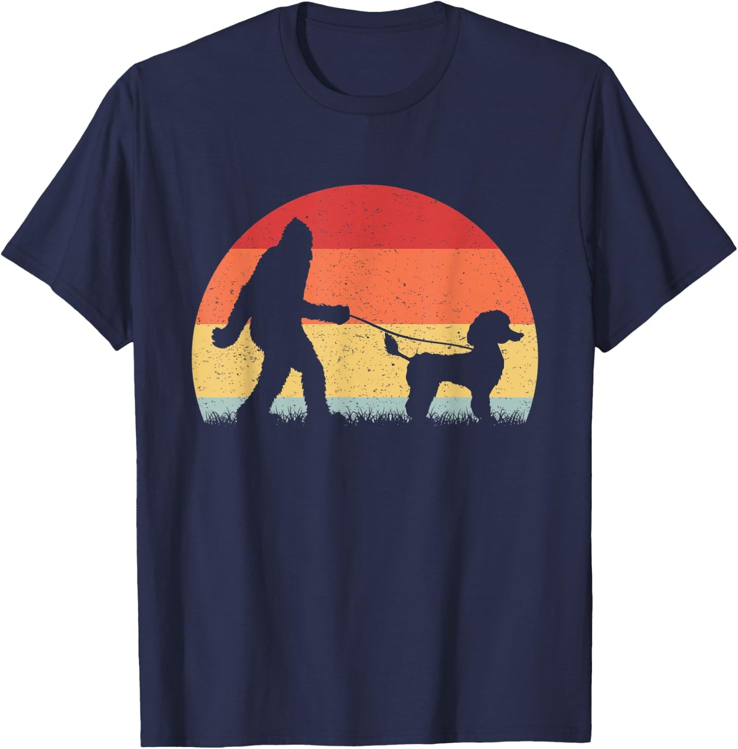 Vintage Bigfoot Walking Poodle Dog Sasquatch Funny Gifts Men Women Kids T-Shirt - T-Shirt | Navy