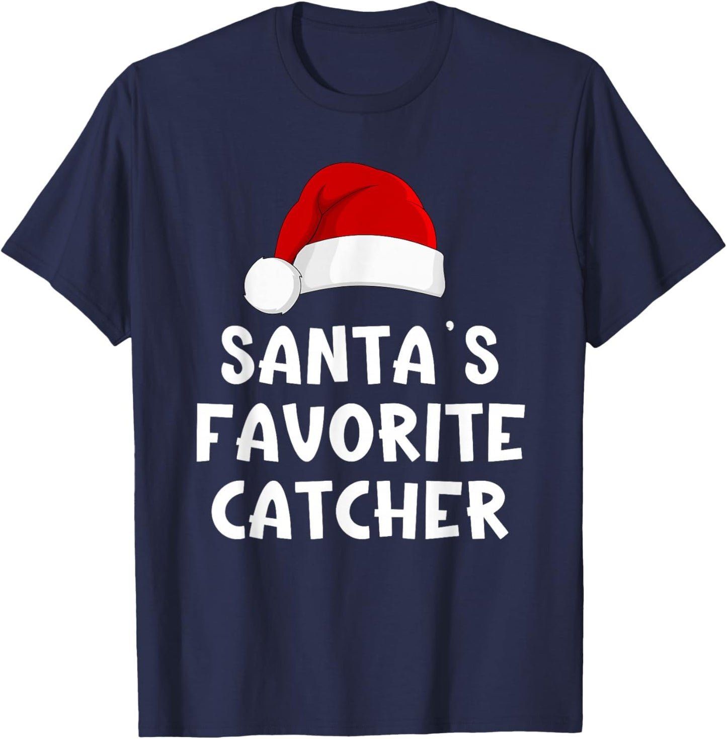 Christmas Santa's Favorite Catcher Funny Pajama Baseball T-Shirt - T-Shirt | Navy