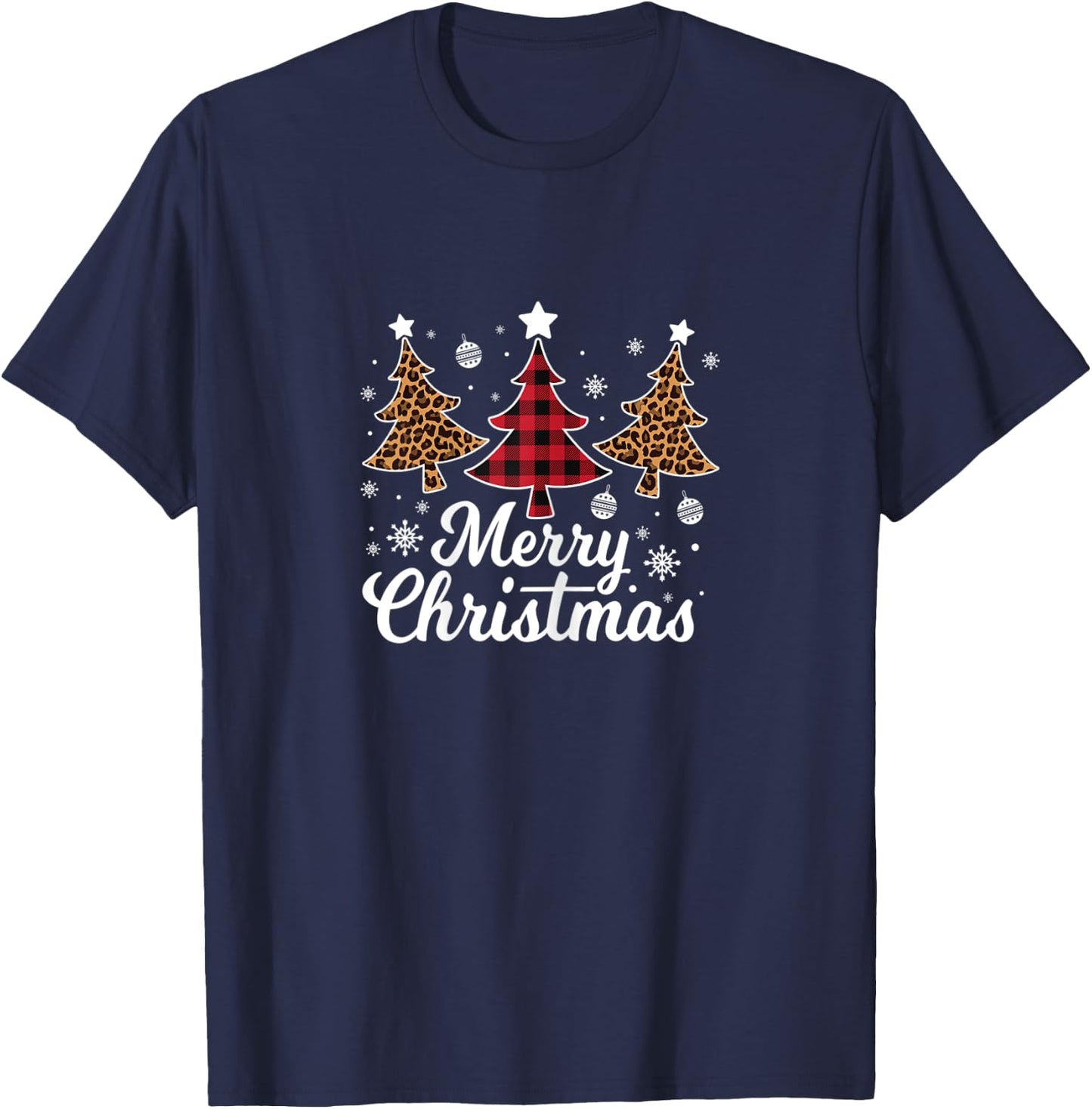 Women Leopard Plaid Christmas Tree Merry Christmas T-Shirt - T-Shirt | Navy