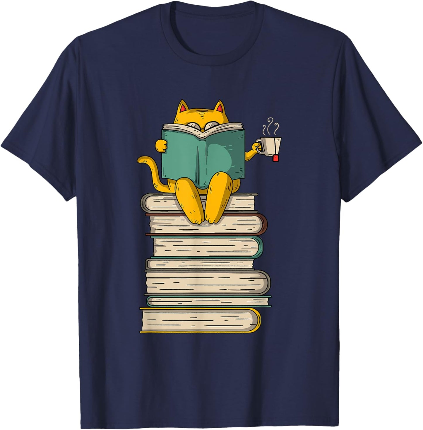 Reading Cat - Funny Book & Tea Lover Gift Short Sleeve T-Shirt - T-Shirt | Navy