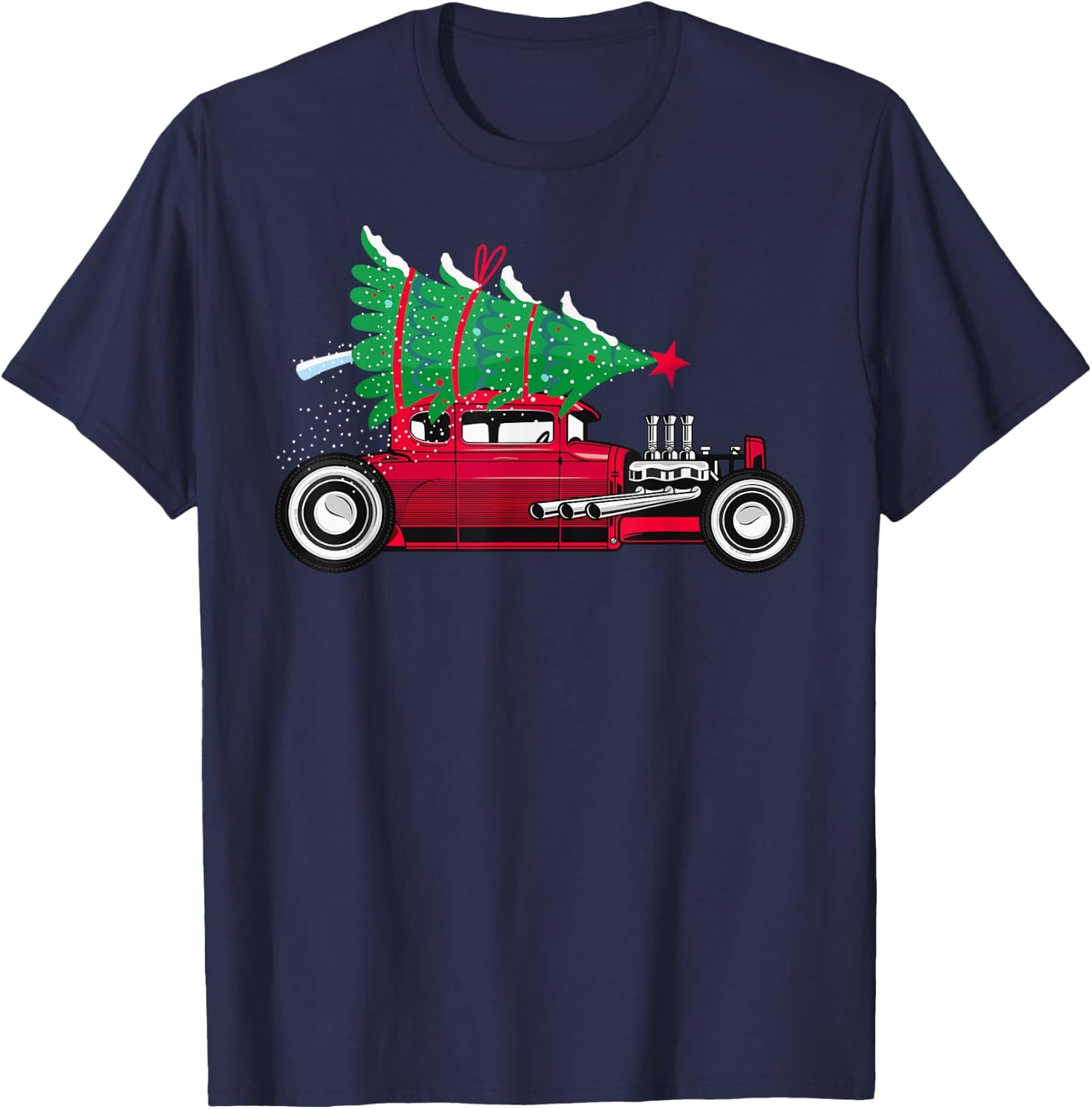 Classic Hot Rod Christmas Tree Old Vintage Car Enthusiast T-Shirt - T-Shirt | Navy