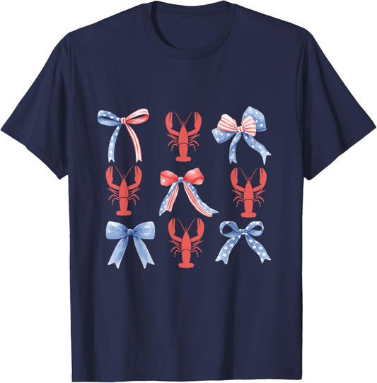 Pink Bows Cute Coquette Crawfish y2k Clean Girl Aesthetic T-Shirt - T-Shirt | Navy
