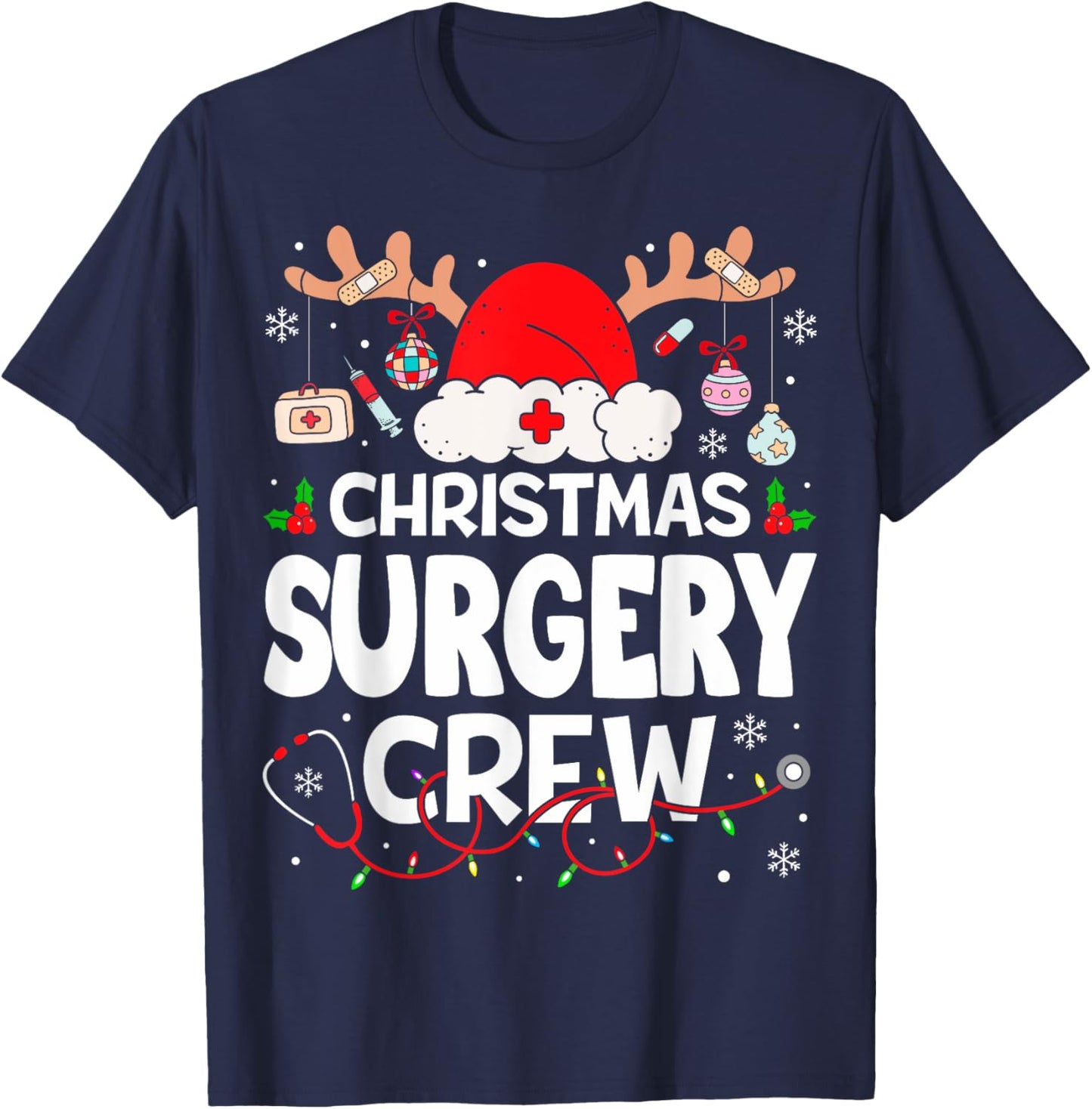 Christmas Surgery Crew Reindeer Santa Surgical Nurse T-Shirt - T-Shirt | Navy