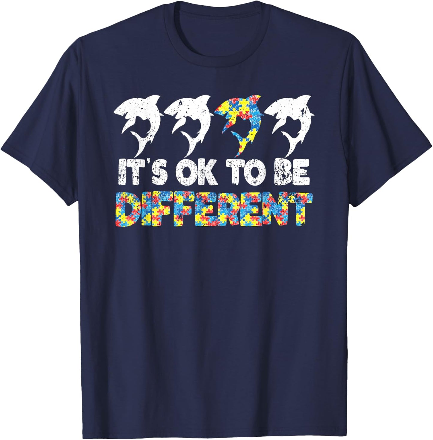 Autism Awareness SHARK Gift It's Ok To Be Different Puzzle T-Shirt - T-Shirt | Navy