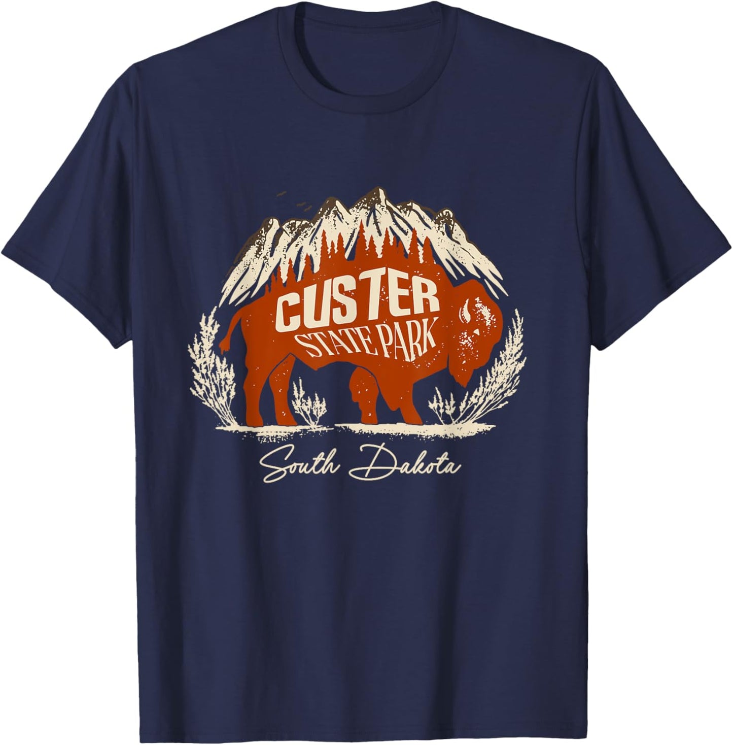Bison And Mountains Custer State Park South Dakota Vintage T-Shirt - T-Shirt | Navy