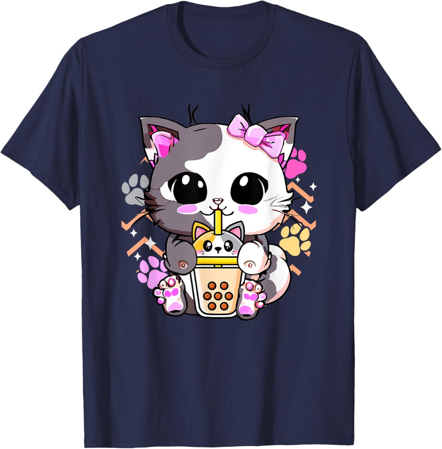 Cute Kawaii Cat Boba Bubble Milk Tea Anime Neko Kitten T-Shirt - T-Shirt | Navy