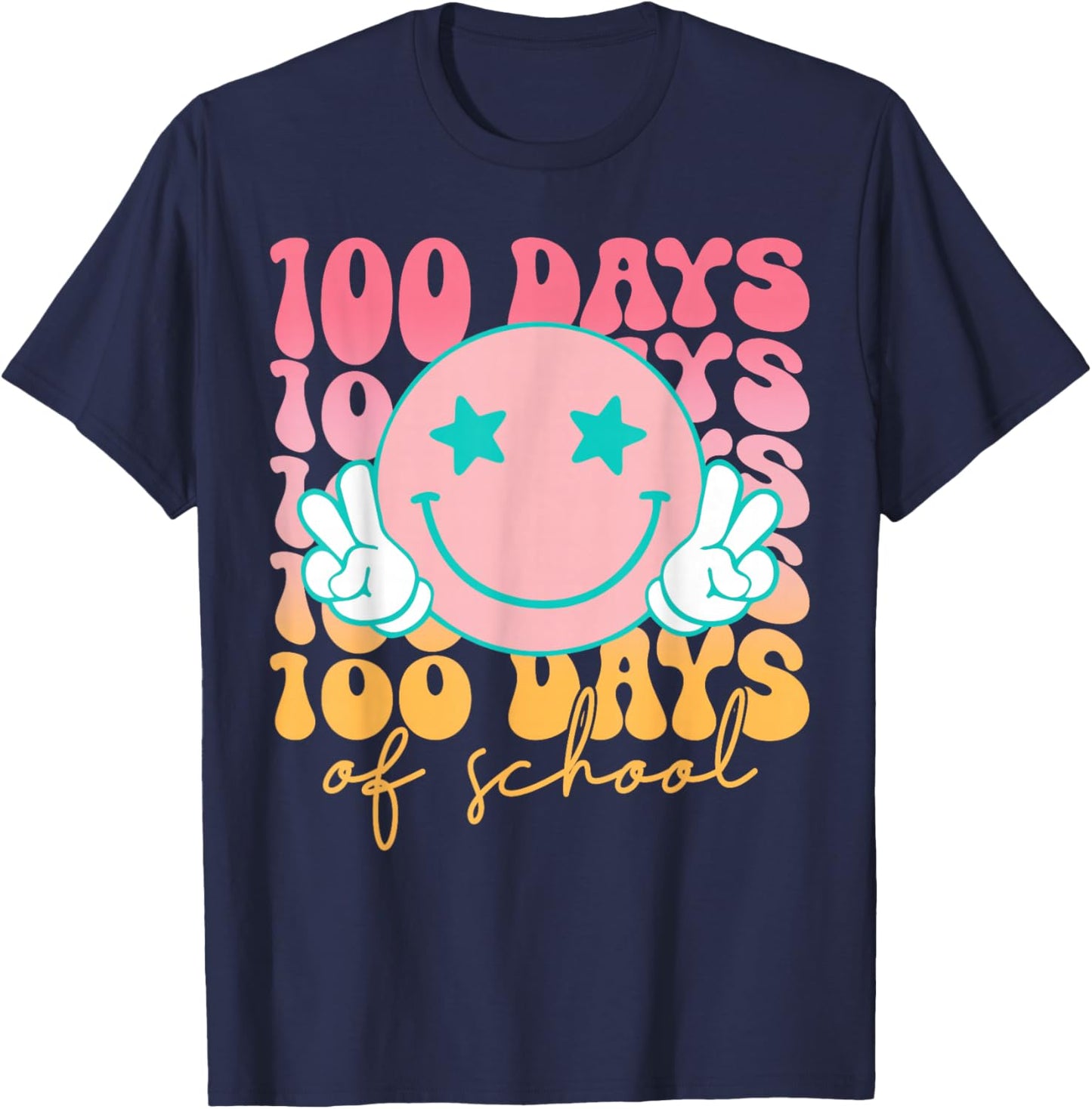 100th Day of School Retro Cute Smile Face 100 Days of School T-Shirt - T-Shirt | Navy