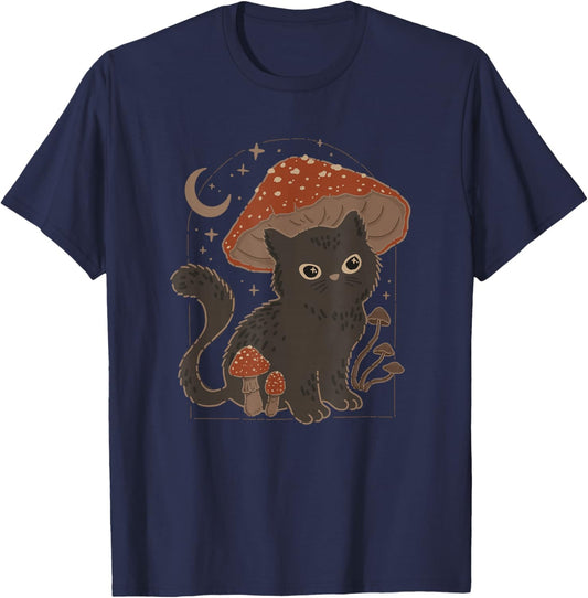 Cute Cottagcore Cat Mushroom Hat Vintage Grunge Aesthetic T-Shirt - T-Shirt | Navy
