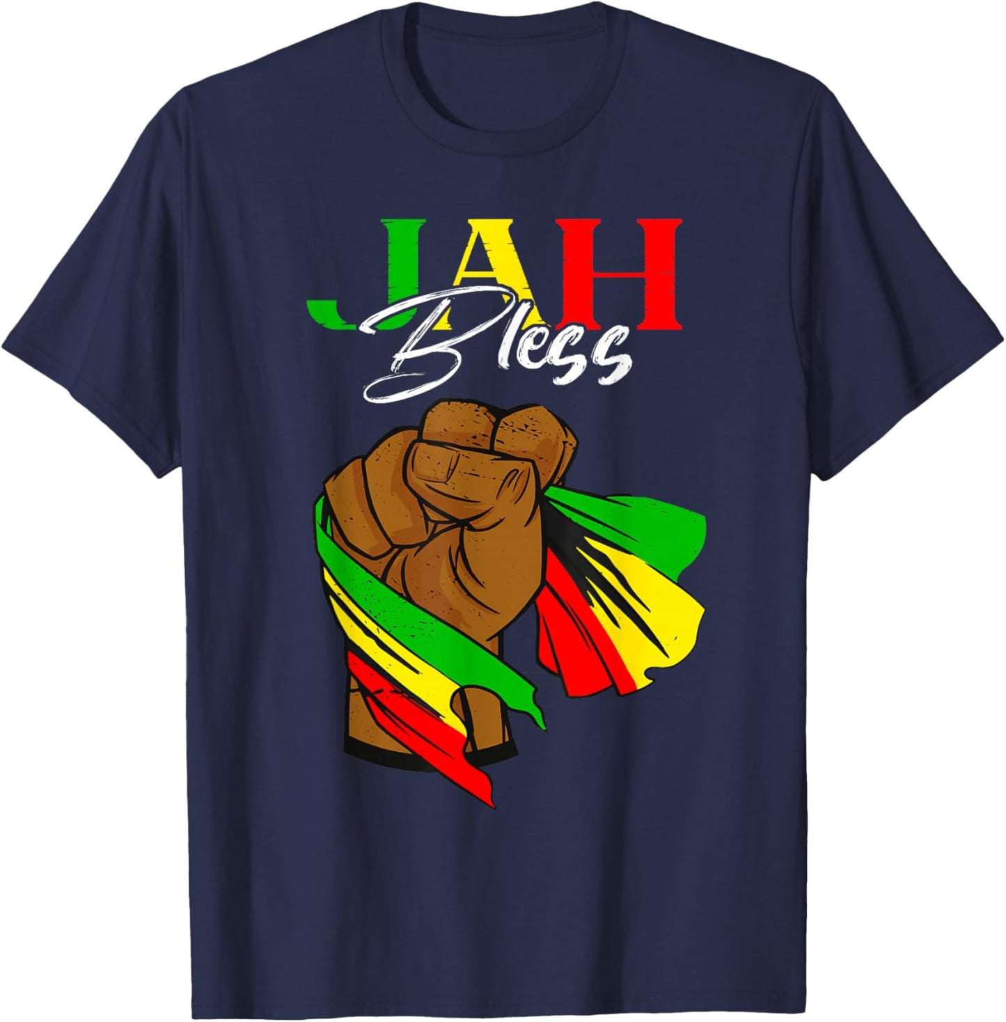 Reggae Flag Handfist Reggae Lover Jah Bless Rasta Reggae T-Shirt - T-Shirt | Navy