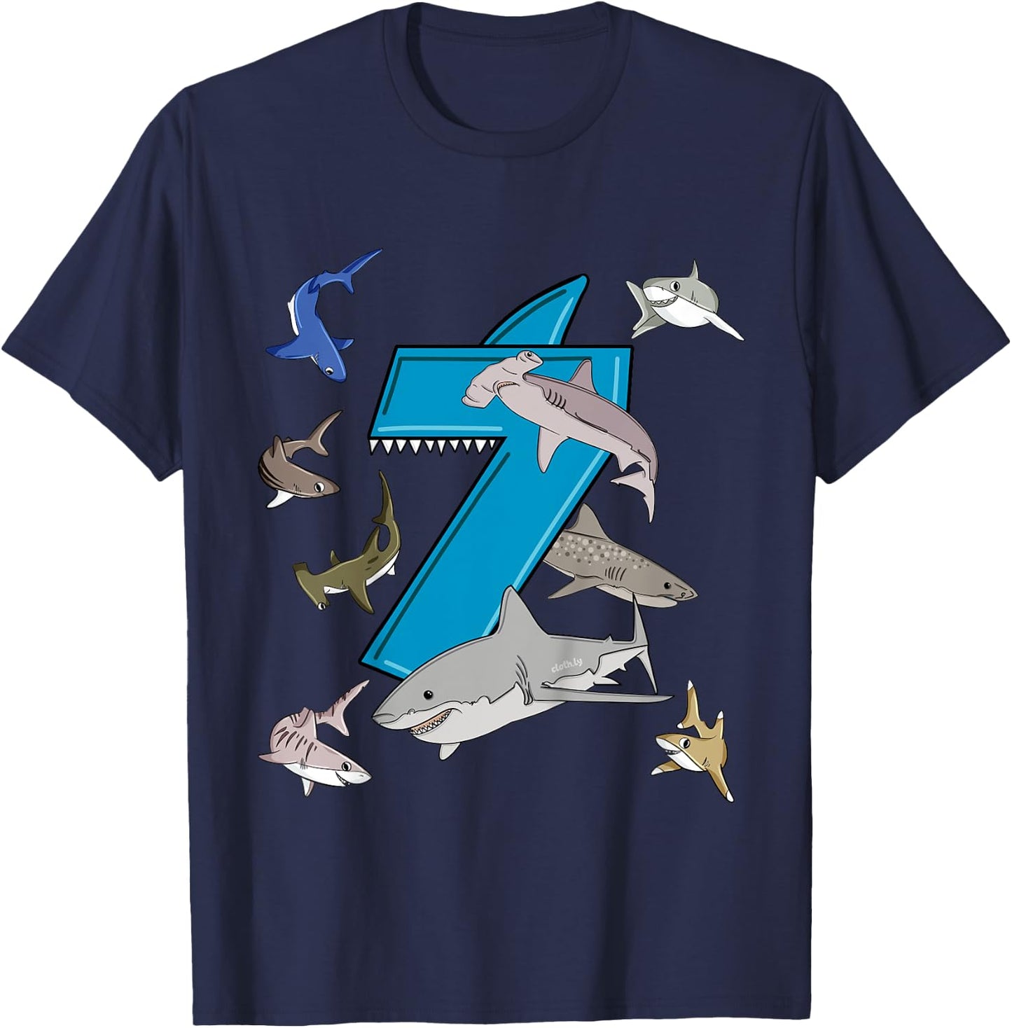 Kids 7th Birthday boys shark white shark T-Shirt - T-Shirt | Navy